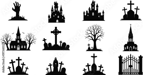 Halloween Graveyard Silhouette Set with Haunted Houses Ghost Hand Cemetery Crosses Trees and Spooky Gothic Elements Vector Collection