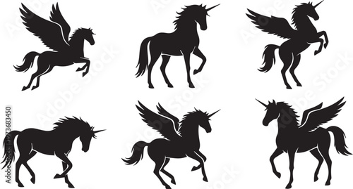Mythical Unicorn and Pegasus Silhouettes, Flying Horse Fantasy Icons