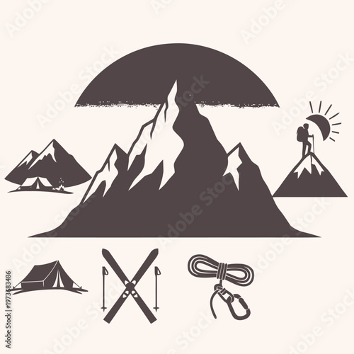 Collection of Outdoor Adventure Icons Mountains, Tents, Skiing, and Climbing Gear for Your Next Expedition