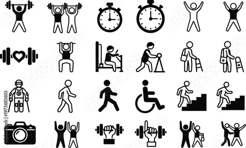 Black silhouettes of people exercising weightlifting running and using gym equipment with fitness timers and health symbols vector