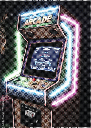 Retro gaming cabinet halftone comic style vector sticker icon arcade machine entertainment isolated