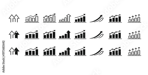Growth Icon Set with Up Arrow and Business Chart Symbols Vector Illustration