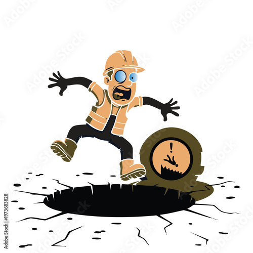 Panicked construction worker falling into dark hole.