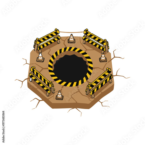 Open pit hazard with construction barriers and cones.