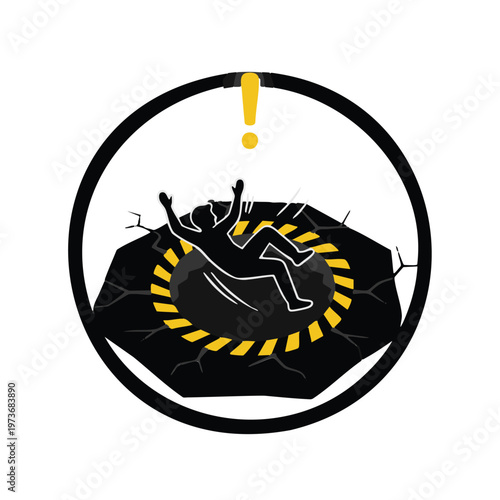 Person falling into open pit hazard with warning stripes.