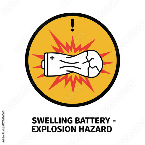 Swelling battery explosion hazard icon, isolated battery sign.