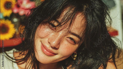 Full-body portrait of a slim adult Korean woman relaxing at home, captured in soft natural light. She smiles gently with eyes closed, expressing quiet happiness and comfort. The scene features a blurr