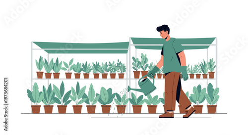 Gardener watering plants in a greenhouse, nurturing green houseplants, hobby, lifestyle