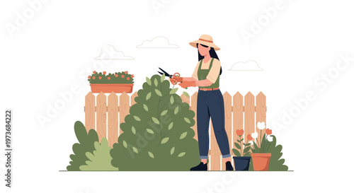 Gardener Woman Pruning Bush with Scissors in a Sunny Backyard Garden