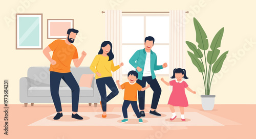 Happy family dancing together in living room at home, enjoying leisure time and fun activity