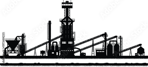Industrial Factory Silhouette with Conveyor Systems Storage Tanks and Processing Plant Equipment Heavy Manufacturing Facility Vector Illustration