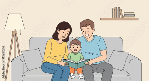 Happy family reading a book together on the couch, enjoying quality time at home.