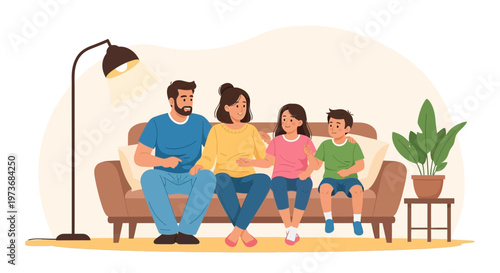 Happy family sitting on sofa in living room, enjoying time together