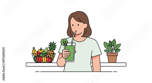 Healthy Woman Drinking Green Smoothie with Fresh Fruits and Plants