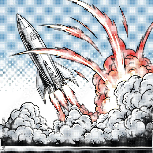 Rocket launch startup stippled effect vector sticker icon space exploration mission flight isolated