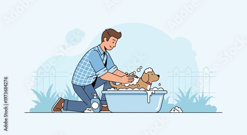 Man bathing dog in bathtub outdoors, happy pet grooming, summer day