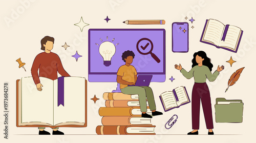 Modern Education Concept with Students, Books, and Digital Devices