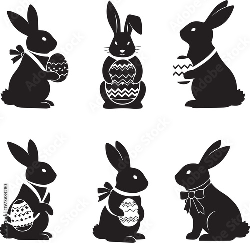 Easter Bunny Silhouette Set Holding Decorative Patterned Eggs with Bow Details