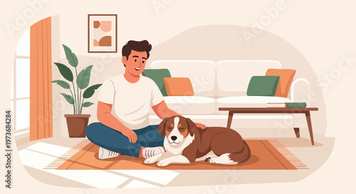 Man bonding with his dog in a cozy living room, happy pet owner, domestic animal companionship