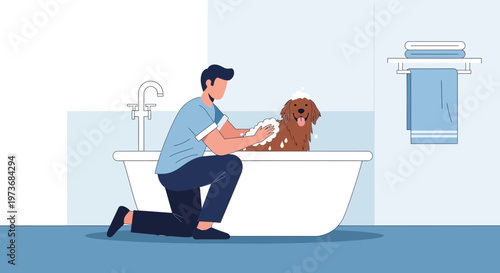 Man bathing dog in bathtub, grooming, pet care, happy dog, hygiene, domestic animals