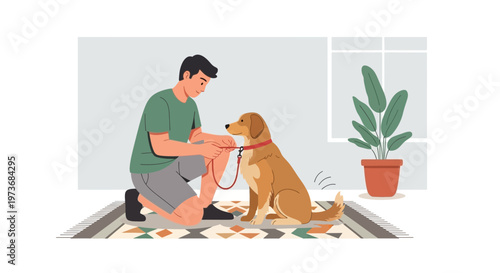 Man attaching leash to golden retriever dog on rug, preparing for a walk indoors