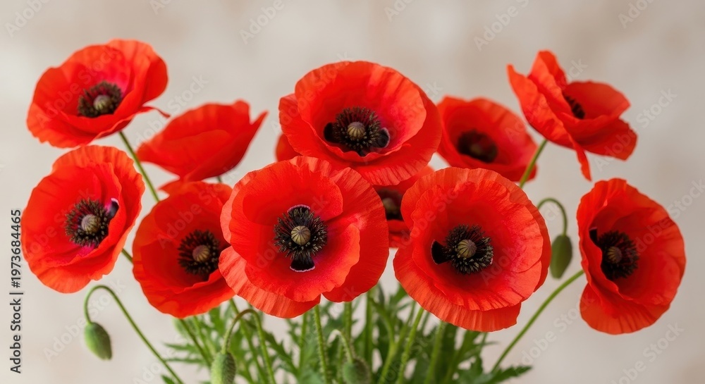 Obraz premium A vibrant collection of bright red poppy flowers with dark centers against a soft gray background.