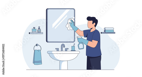 Man cleaning bathroom mirror with spray bottle and cloth, hygiene and home care concept