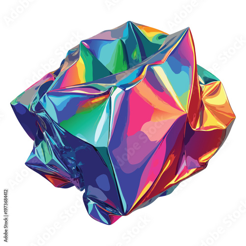 Dynamic Digital Illustration of a Reflective Crumpled Geometric Shape with Holographic Hues