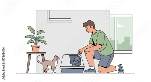 Man cleaning cat litter box with cat watching, pet care, home hygiene