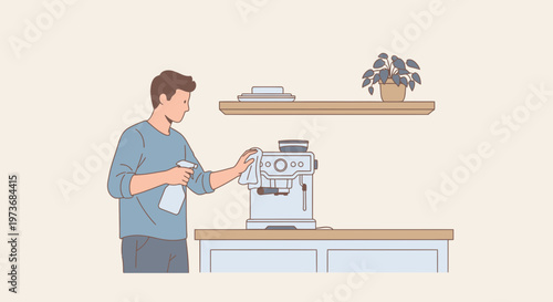 Man cleaning coffee machine with spray bottle and cloth, home kitchen hygiene