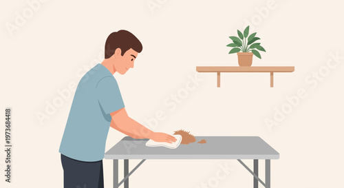 Man cleaning coffee spill on table with cloth, home hygiene concept