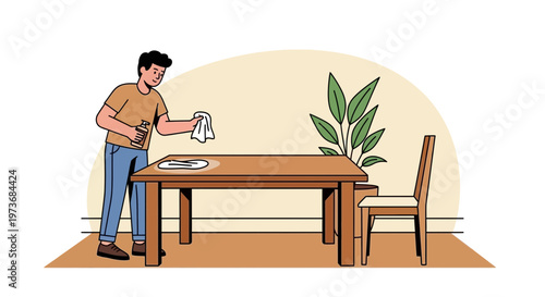 Man cleaning dining table with cloth, home interior, daily chores, hygiene concept