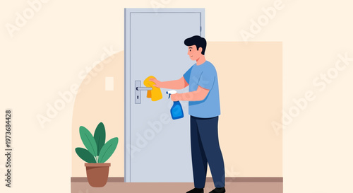 Man cleaning door handle with spray and cloth, hygiene concept