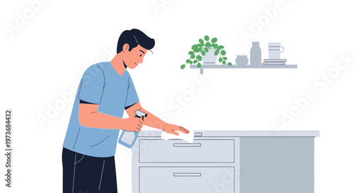 Man cleaning furniture with spray bottle and cloth, home hygiene concept