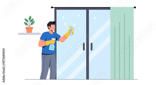 Man cleaning glass doors with spray bottle and cloth, sparkling clean windows
