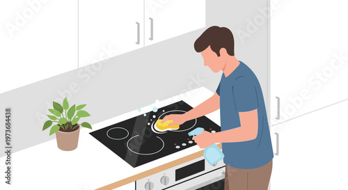 Man cleaning electric stove with spray and sponge in modern kitchen