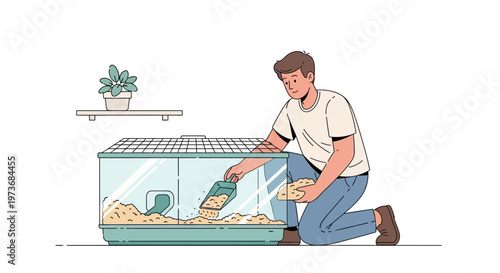 Man cleaning hamster cage, adding bedding, pet care, domestic animal