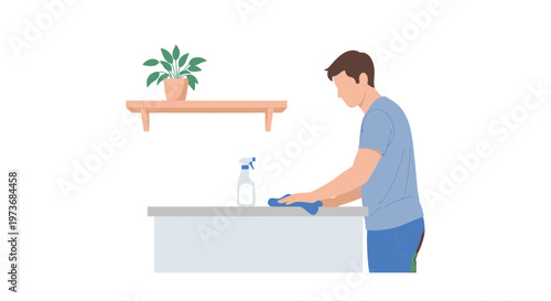 Man cleaning table with spray bottle and cloth, home hygiene and tidiness concept