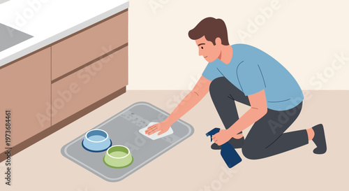 Man cleaning pet feeding mat with spray and cloth near pet bowls in kitchen