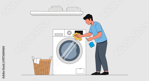 Man cleaning washing machine with spray bottle and cloth, laundry room, home chores