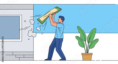 Man cleaning window with mop, dust and dirt flying off, home improvement concept
