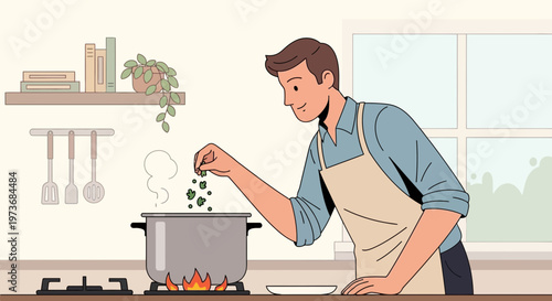 Man cooking at home, adding ingredients to a pot on a stove, healthy lifestyle