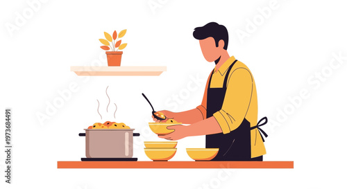 Man cooking delicious food in kitchen, serving meal into bowls, healthy eating concept