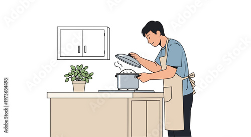 Man Cooking Rice in Kitchen, Healthy Home Meal Preparation