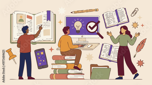 Illustration of people studying, researching, and learning with books and digital tools