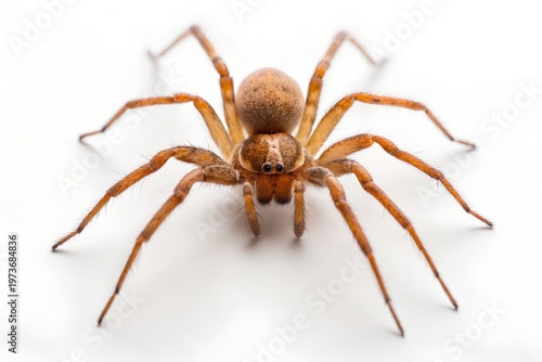 A close-up studio portrait of a brown spider with multiple legs on a white background, showcasing its intricate anatomy and terrifying presence