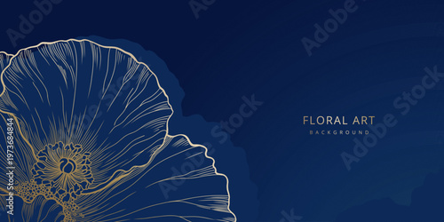 Elegant luxurious blue background with hand drawn golden line art floral pattern. Floral frame. Vector template for wedding invitation, greeting card, branding, design and wallpaper