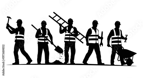 construction workers team silhouettes wearing hard hats and safety vests carrying essential tools for manual labor building and industry.