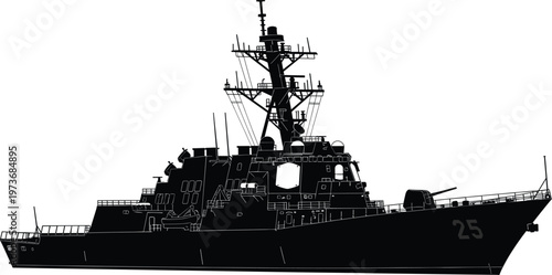 Modern Naval Destroyer Silhouette with Radar Antennas Missile Systems and Detailed Warship Structure Military Maritime Vector Illustration