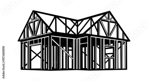 house framing and construction of timber frame building structure architectural drawing of a new home project.